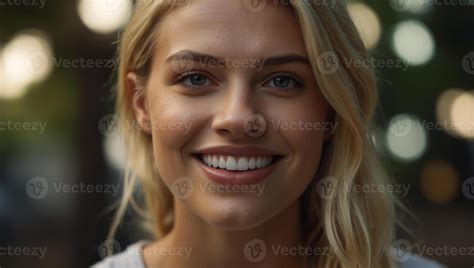 Cute Natural Blonde Woman Smiling With Perfect White Teeth And Glowing