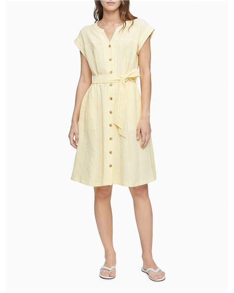 Calvin Klein Synthetic Striped Button Down Belted Shirt Dress Lyst