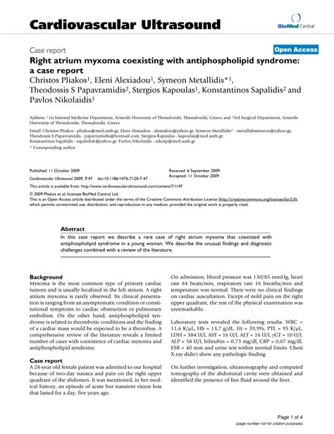 Pdf Right Atrium Myxoma Coexisting With Antiphospholipid Syndrome A