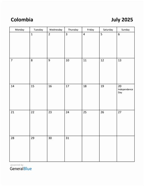 Free Printable July 2025 Calendar for Colombia