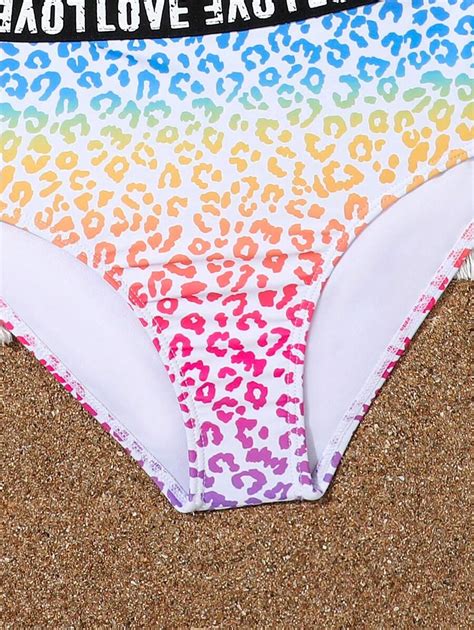 Tween Girls Leopard Print Letter Pattern Bikini Set With Asymmetrical Strap Summer SHEIN USA