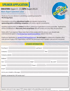 Fillable Online The Energy Expo Speaker Application The Energy