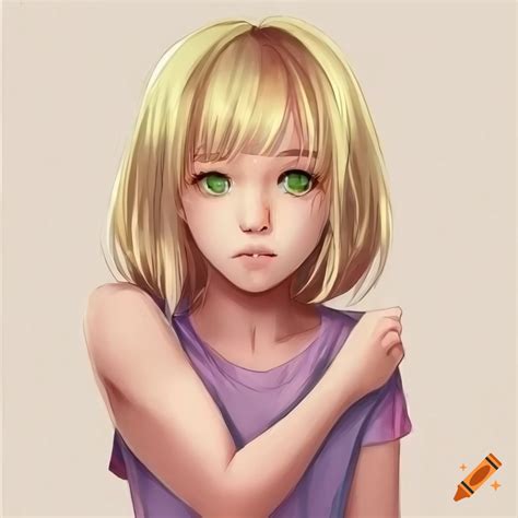Anime Girl With Blonde Hair And Green Eyes In A Pink Sleeveless T Shirt On Craiyon