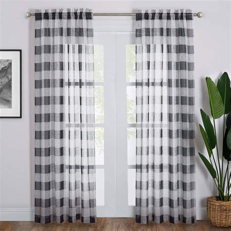 Ryb Home Linen Sheer Curtains Plaid Textured Pattern Privacy Semi Sheer