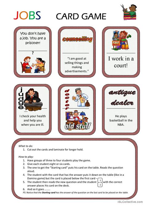 Jobs Card Game Warmer Filler English ESL Worksheets Pdf Doc