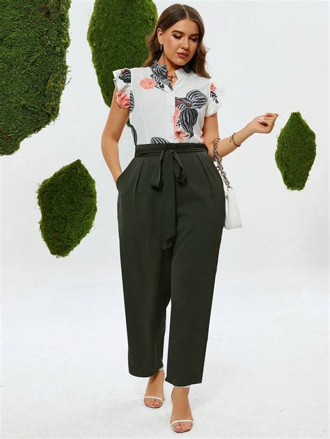 Emery Rose Plus Size Floral Printed Belted Shirt Jumpsuit With Side