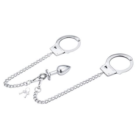 OhMama Fetish Hand Cuffs With Chain And Anal Plug