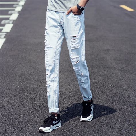 Buy Summer 2016 Fashion Mens Jeans Ripped Light Blue Skinny Jeans Men Design