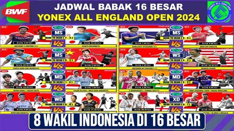 JADWAL YONEX ALL ENGLAND 2024 BABAK 16 BESAR HARI INI 8 WAKIL