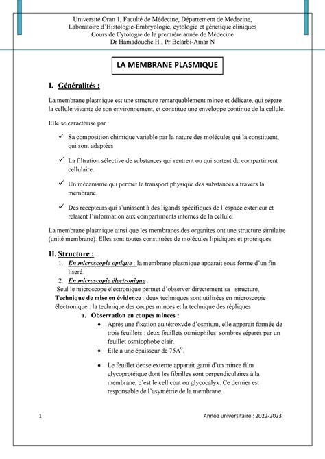 La Membrane Plasmique Laboratoire Dhistologie Embryologie Cytologie