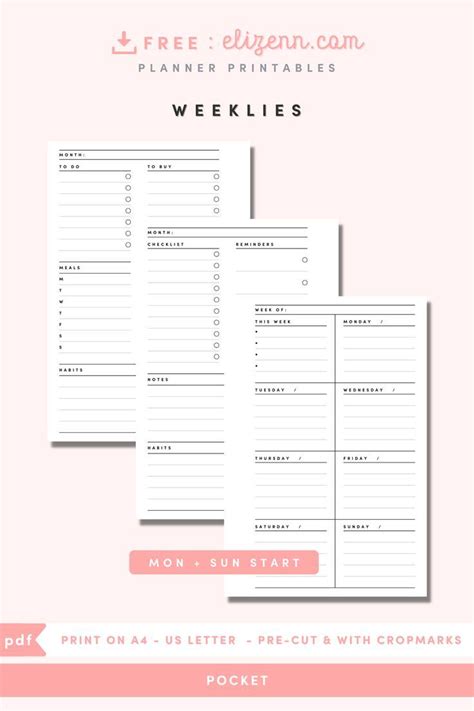 Free Printable Planner Inserts 3 Pocket Size Weeklies Elizenn