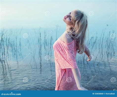 Sensual Blonde Girl Enjoying Cold Lake Water Stock Photo Image Of