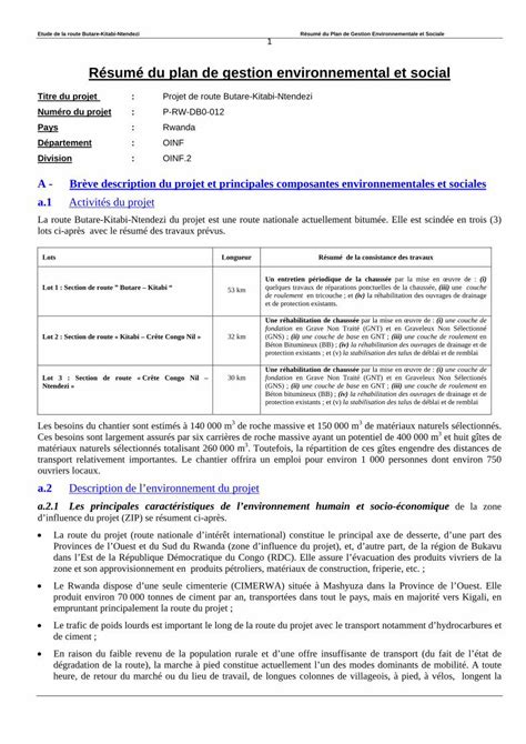 Pdf R Sum Du Plan De Gestion Environnemental Et Social Pdf