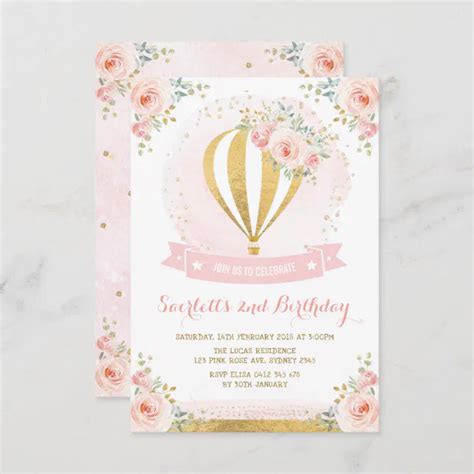 Girly Hot Air Balloon Pink Gold Floral Birthday Invitation Zazzle