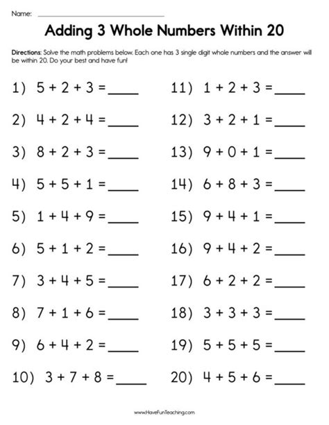 Grade 1 Math Worksheet Add 3 Single Digit Numbers K5 Learning Adding 3 Single Digit Numbers