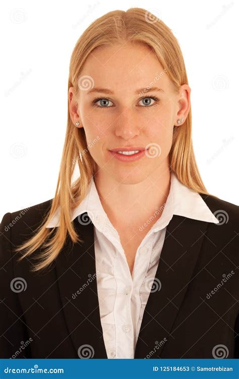 Portrait D Entreprise D Une Belle Femme Blonde D Isolement Au Dessus Du Fond Blanc Image Stock