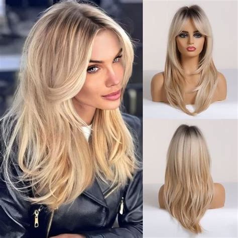 Perruque Blonde Avec Frange Perruques Longues Bouclées Pour Femme Perruque Synthétique Racines