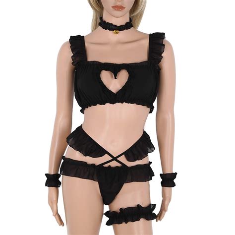 DPois Women S 5Pcs Sexy Japanese Girls Anime Cute Cat Cosplay Costume Keyhole Lingerie Outfits