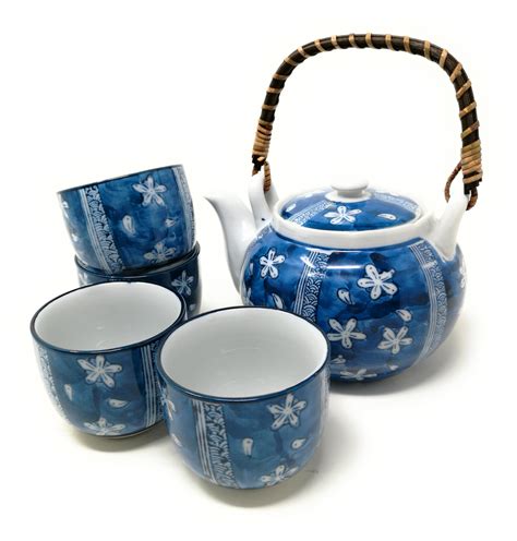 TJ Global Chinese Japanese Porcelain Tea Set with Blue Flower Design ...