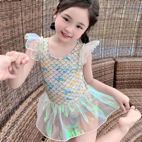 Girls Mermaid One Piece Swimsuit Baby Cute Puff Sleeve Swimsuit Beach Hot Spring Princess Dress