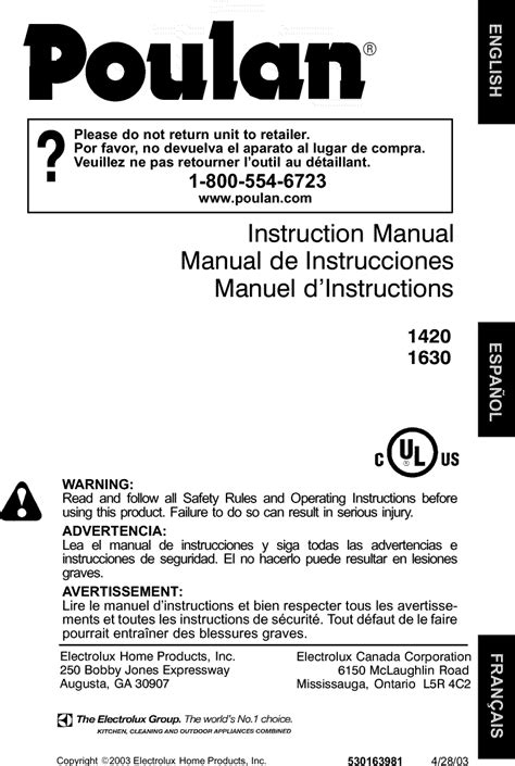 Poulan 1420 Type 2 User Manual Electric Chainsaw Manuals And Guides
