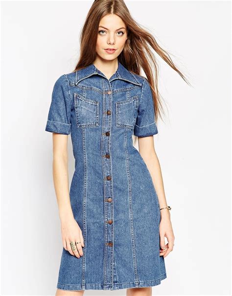 Asos Denim A Line Midi Dress In Mid Wash Blue With Turn Up Sleeve At