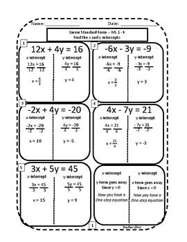 Algebra Journal Finding X And Y Intercepts From Standard Form Worksheet