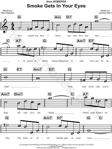 Jerome Kern Smoke Gets In Your Eyes Sheet Music For Beginners In C