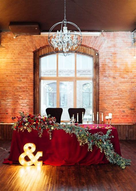 Rustic Burgundy And Greenery Wedding Sweetheart Table Decor Roses