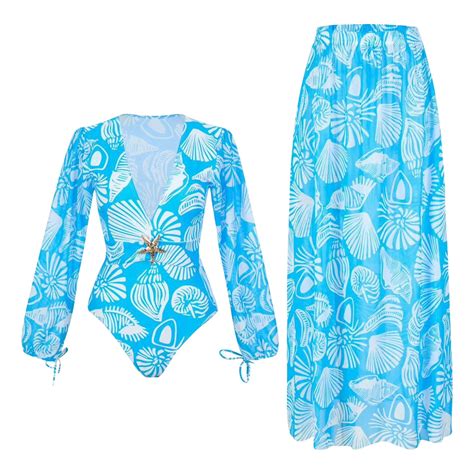 Dorinao Women S V Neck Long Sleeve Bikini Set Beach Skirt Two Piece Printed Swimwear Blue L