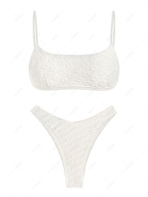 Zaful Women S Floral Jacquard Textured Tank Style Cheeky Bikini Two Piece Set Swimwear In White