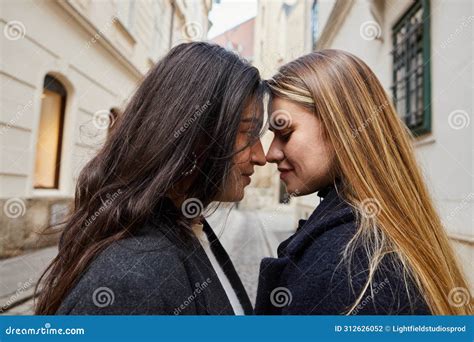 Side View Of Happy Lesbian Couple Stock Photo Image Of Girlfriend Fashion
