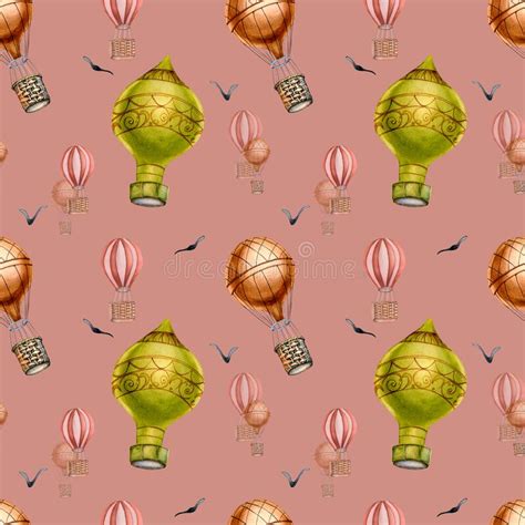 Retro Hot Air Balloon Vintage Style Watercolor Seamless Pattern Isolated Stock Illustration