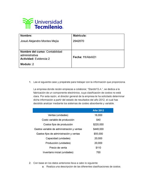 Evidencia 2 contabilidad administrativa Nombre Josué Alejandro