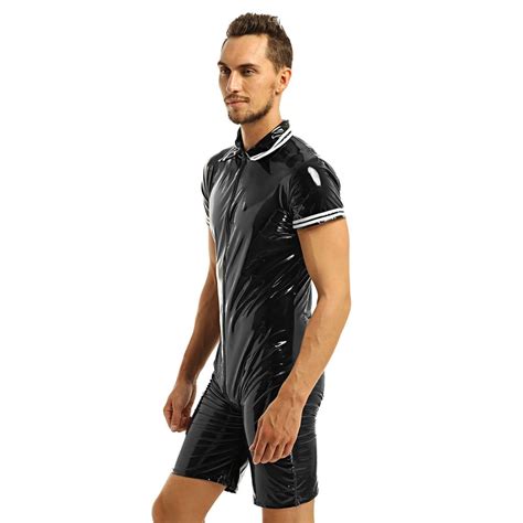 Sexy Latex Lingerie Bodysuit For Men One Piece Wet Look Patent Leather Front Zipper Boxer Briefs