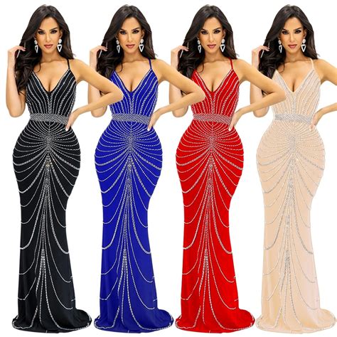 Lkf Sexy Sling Hot Diamond Dress Female V Neck Party Fashion Elegant High End Evening Dress