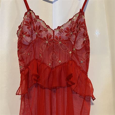 Red Nightgown Mesh Sequins Embroidery Size S Lingerie Gem
