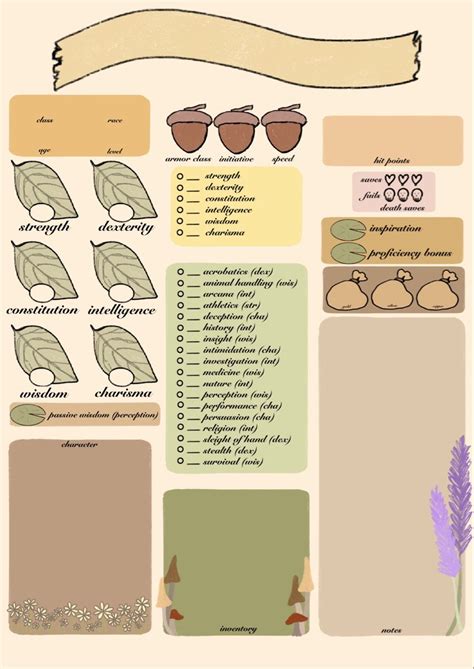 Custom Nature Themed Dnd Character Sheet In Dnd Character Sheet