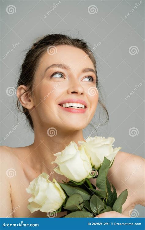 Happy Woman With Naked Shoulders Holding Stock Image Image Of Model