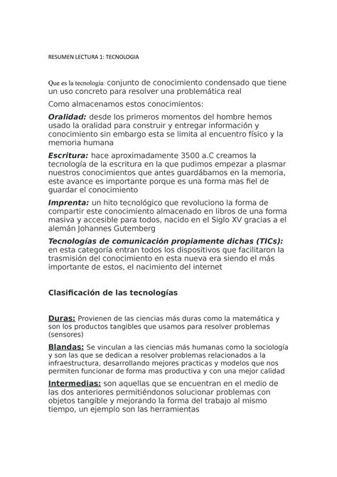 Resumen tecnología modulo 1 lectura 1 RESUMEN LECTURA 1 TECNOLOGIA