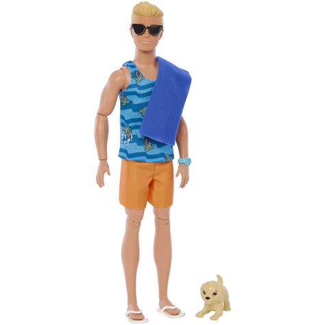 Ken Doll With Surfboard And Pet Puppy Poseable Blonde Barbie Ken Beach Doll With Themed