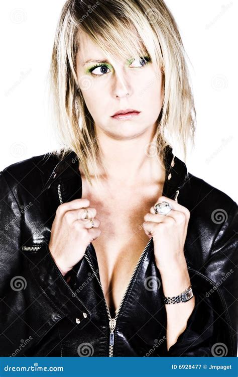 Blonde Girl With Black Leather Jacket Stock Image Image Of Serious