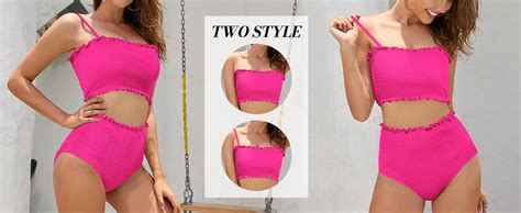 SHEKINI Women S Shirred Bandeau Bikini High Waist Bathing Suit Strapless Two Piece Swimsuit