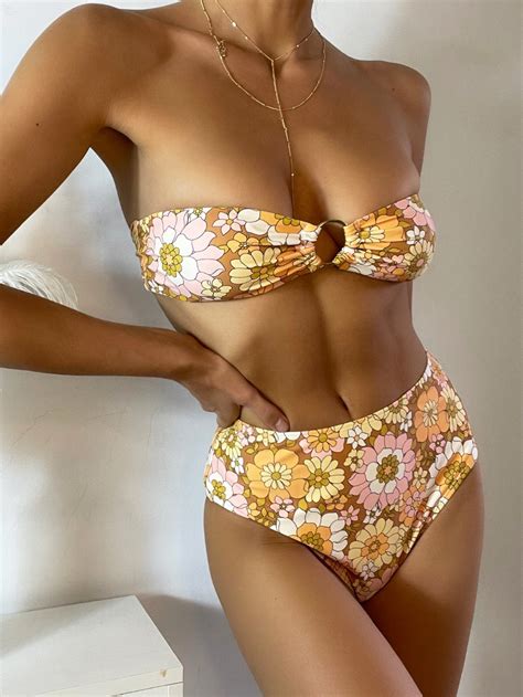 Womens Summer Swimsuit Sexy Bikini Strapless Floral Printed Strapless Bandeau Sexy Bikini