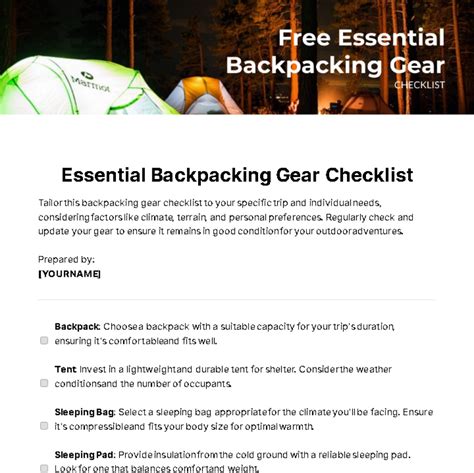 Free Essential Backpacking Gear Checklist Template Edit Online And Download