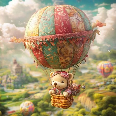 Whimsical Teddy Bear In A Hot Air Balloon Premium AI Generated Image