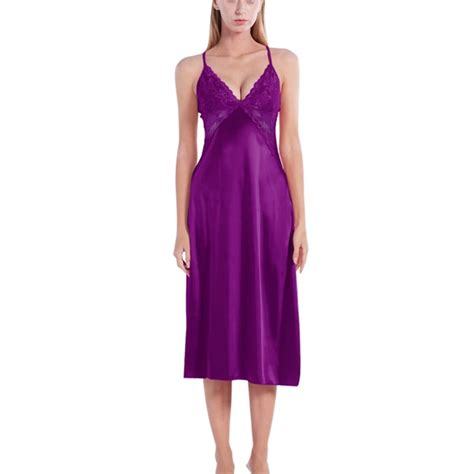 Women S Lace Chemise Sleepwear Silky Satin Nightgown Sexy Long Slip Lingerie Nightdress Purple