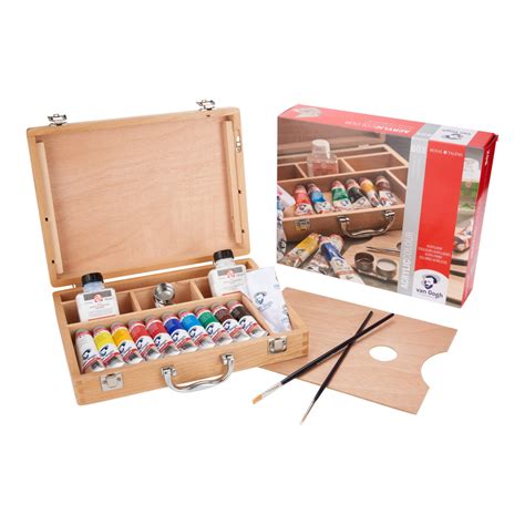 Coffret De Tubes De Peinture Acrylique En Bois Vernis Et Pinceaux