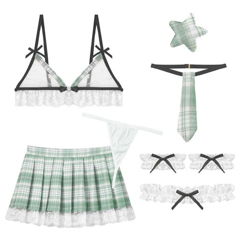 Women Plaid Lingerie Set See Through Unlined Bra Wtih Pleated Skirt Suit Sexy Cosplay Outfits