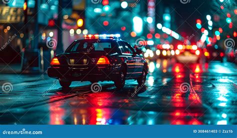 Police Car Lights at Night in City Street with Selective Focus and ...